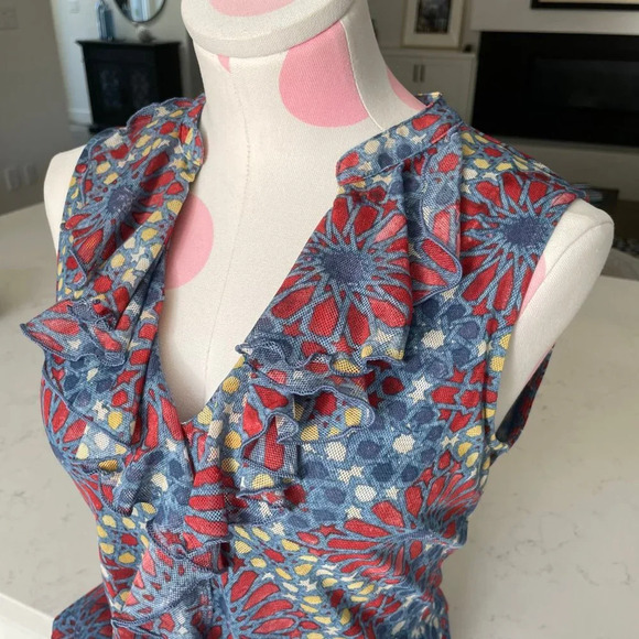 Chaps Denim Sleeveless V Neck w Frills Lined Print Top Blue Red Gold Sz S - Picture 2 of 9